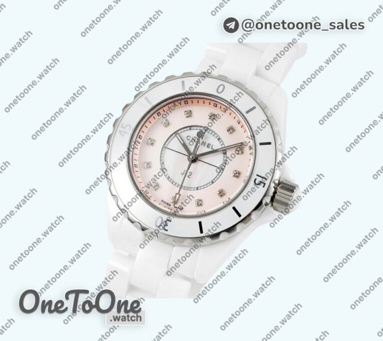 Реплика часов Chanel J12 Ladies 33mm Ceramic Pink MOP Dial Diamonds Marker Bracelet EAST Swiss Qtz