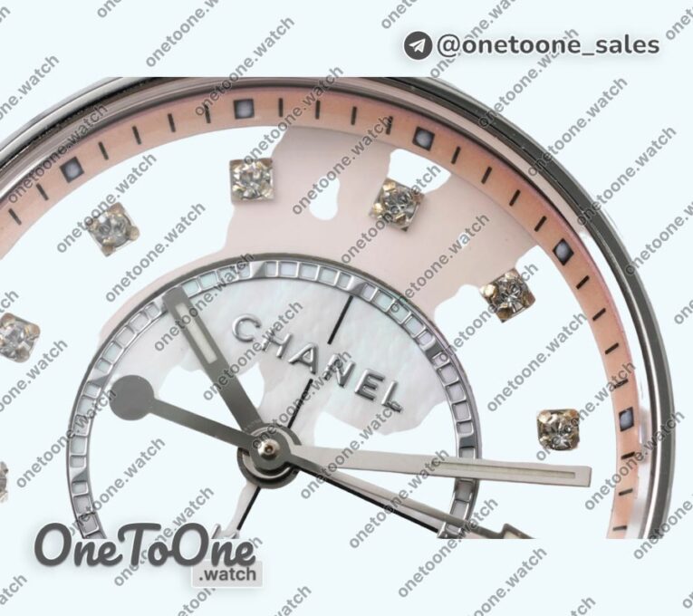 Реплика часов Chanel J12 Ladies 33mm Ceramic Pink MOP Dial Diamonds Marker Bracelet EAST Swiss Qtz