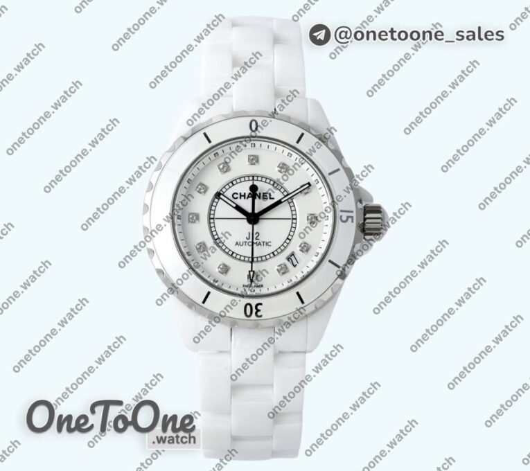 Реплика часов Chanel J12 38mm Ceramic White Dial Diamonds Marker Bracelet
