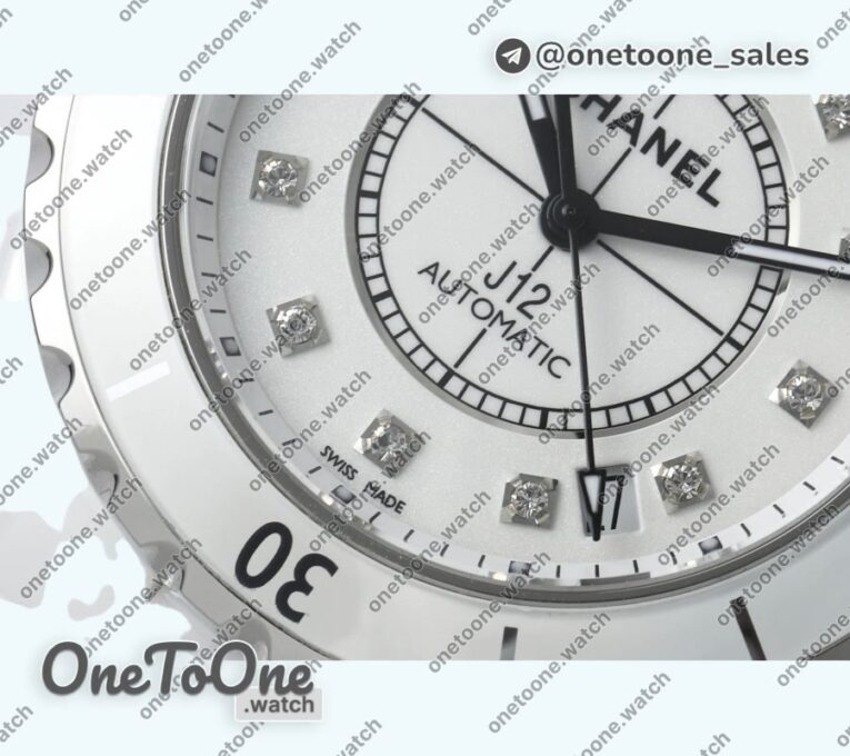 Реплика часов Chanel J12 38mm Ceramic White Dial Diamonds Marker Bracelet