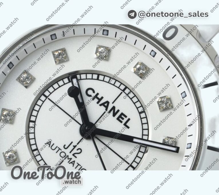 Реплика часов Chanel J12 38mm Ceramic White Dial Diamonds Marker Bracelet