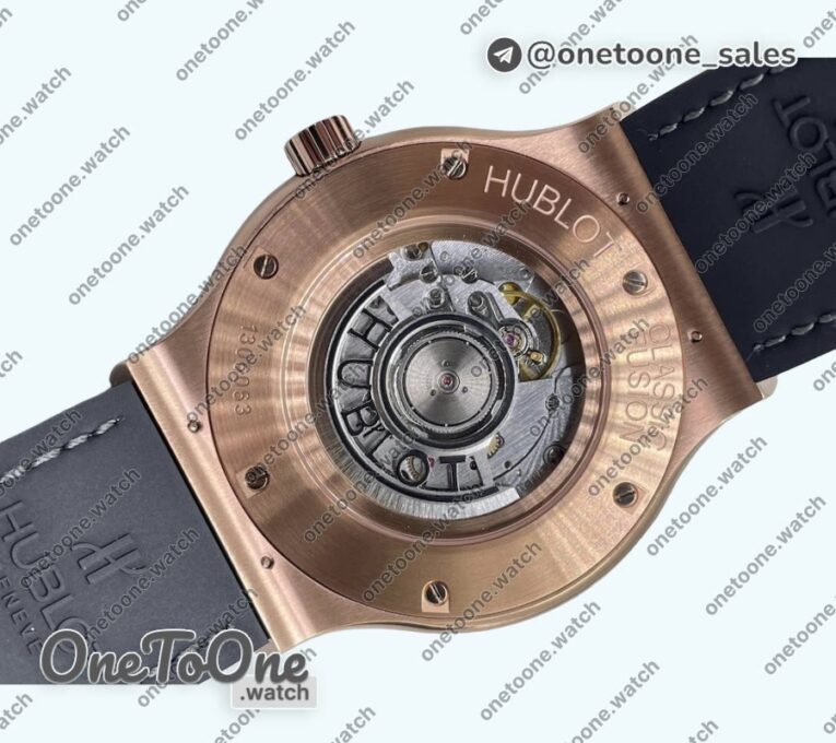 Реплика часов Hublot Classic Fusion 45mm Rose gold Top-tier Копия один в один Grey Dial On Black Gummy Strap Asian 2892