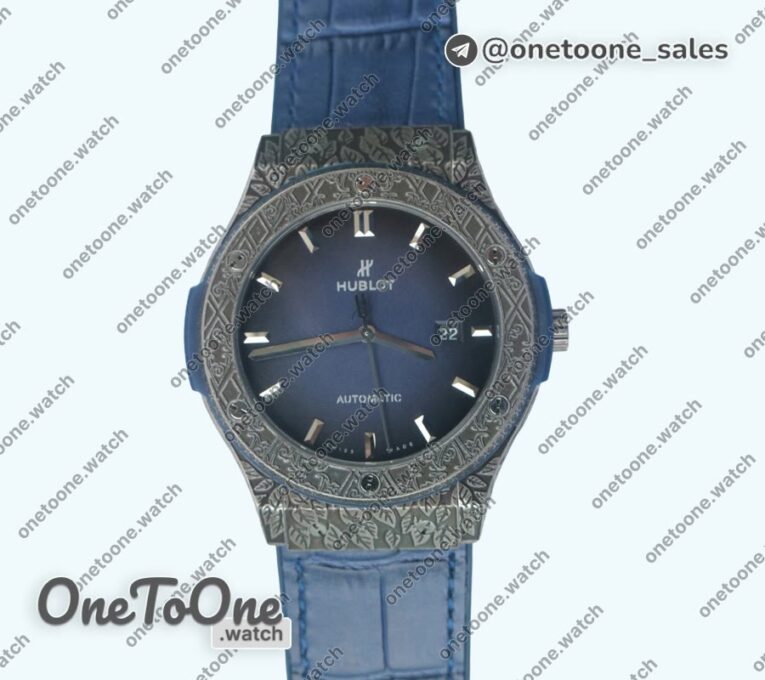 Реплика часов Hublot Classic Fusion 45mm Stainless steel Engravings Case Top-tier Копия один в один Blue Dial on Blue Gummy Strap SRF