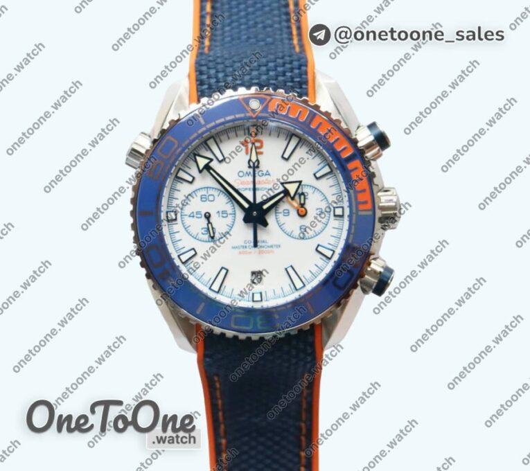 Реплика часов Omega Planet Ocean Master Chronometer Stainless steel Blue/Orange Polished Bezel White Dial Rubber Strap V4