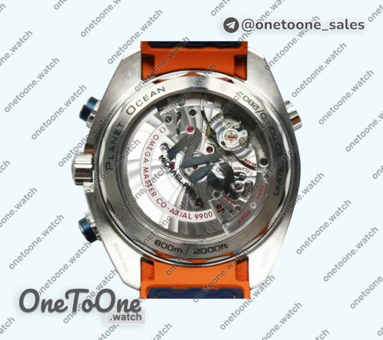 Реплика часов Omega Planet Ocean Master Chronometer Stainless steel Blue/Orange Polished Bezel White Dial Rubber Strap V4