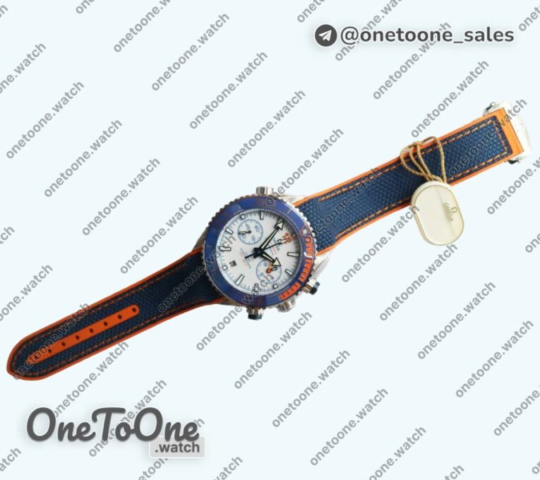 Реплика часов Omega Planet Ocean Master Chronometer Stainless steel Blue/Orange Polished Bezel White Dial Rubber Strap V4