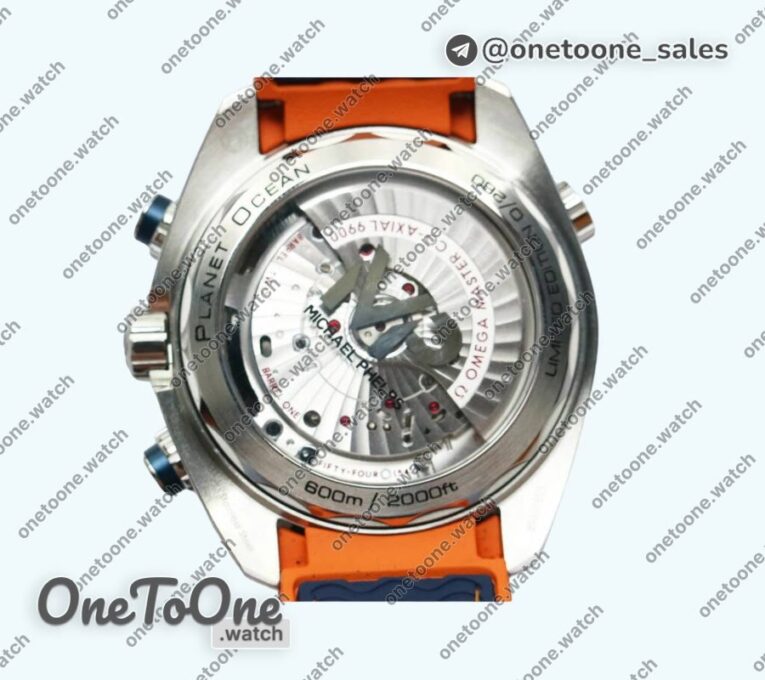 Реплика часов Omega Planet Ocean Master Chronometer Stainless steel Blue/Orange Polished Bezel White Dial Rubber Strap V4