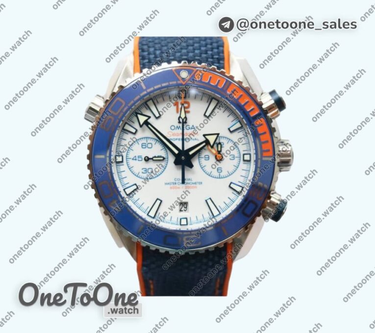 Реплика часов Omega Planet Ocean Master Chronometer Stainless steel Blue/Orange Polished Bezel White Dial Rubber Strap V4