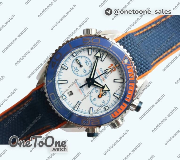 Реплика часов Omega Planet Ocean Master Chronometer Stainless steel Blue/Orange Polished Bezel White Dial Rubber Strap V4
