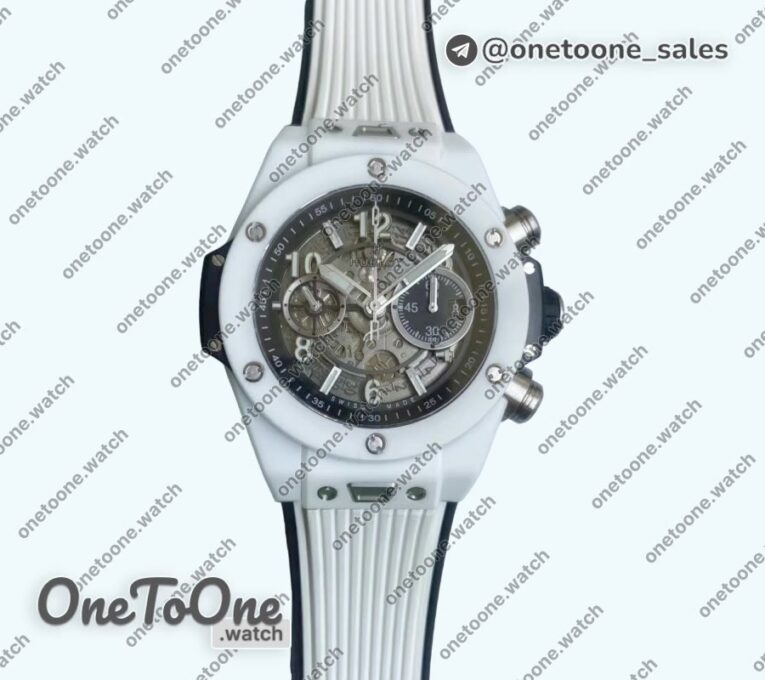 Реплика часов Hublot Big Bang Unico White Magic Ceramic Top-tier Копия один в один Skeleton Dial White Rubber Strap