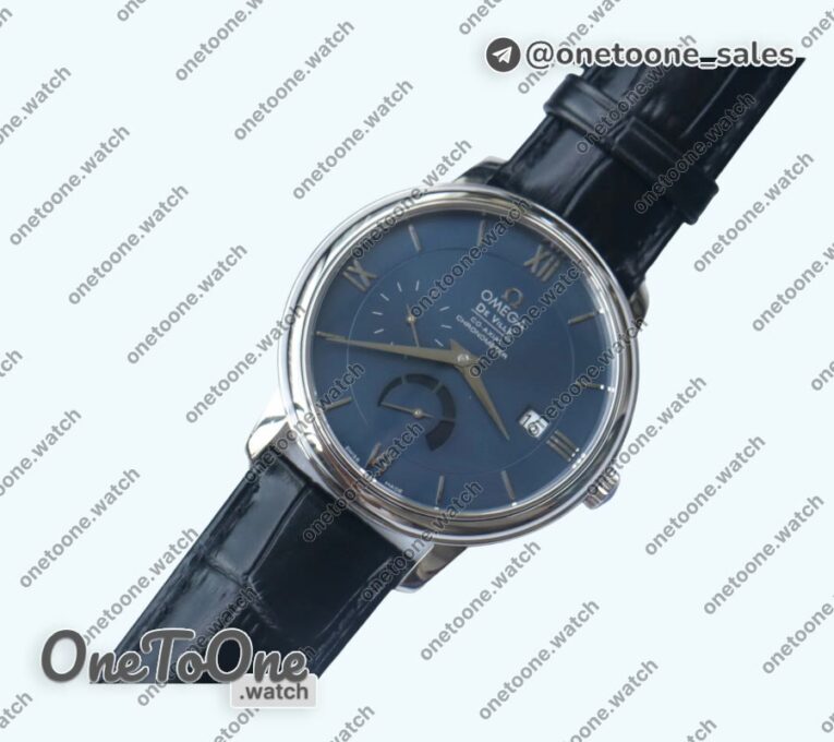 Реплика часов Omega De Ville Prestige Real PR Stainless steel Top-tier Копия один в один Blue Dial Leather Strap MIYOTA 9015