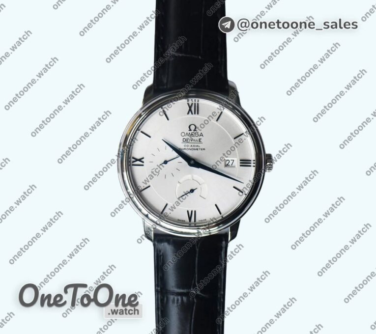 Реплика часов Omega De Ville Prestige Real PR Stainless steel Top-tier Копия один в один White Dial Blue Markers Leather Strap MIYOTA 9015