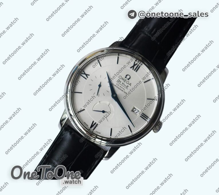 Реплика часов Omega De Ville Prestige Real PR Stainless steel Top-tier Копия один в один White Dial Blue Markers Leather Strap MIYOTA 9015
