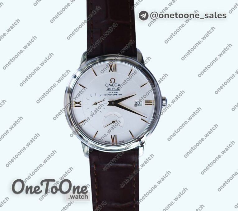 Реплика часов Omega De Ville Prestige Real PR Stainless steel Top-tier Копия один в один White Dial Gold Markers Leather Strap MIYOTA 9015