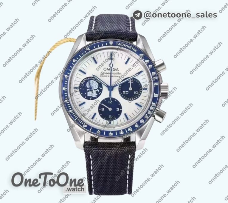 Реплика часов Omega Speedmaster Stainless steel Snoopy Top-tier Копия один в один White Dial Blue Nylon Strap Manual Winding Chrono Movement O