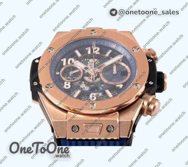 Реплика часов Hublot Hublot Big Bang Unico Rose gold Top-tier Копия один в один Blue Skeleton Dial Blue Rubber Strap