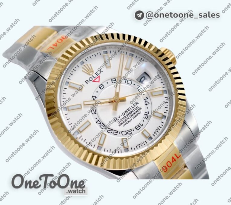 Реплика часов Rolex Sky-dweller 326933 Yellow gold/Stainless steel Black&White&Gold Dial Bracelet Asian 23J