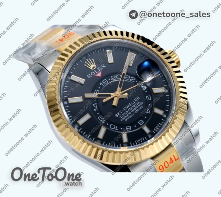 Реплика часов Rolex Sky-dweller 326933 Yellow gold/Stainless steel Black&White&Gold Dial Bracelet Asian 23J