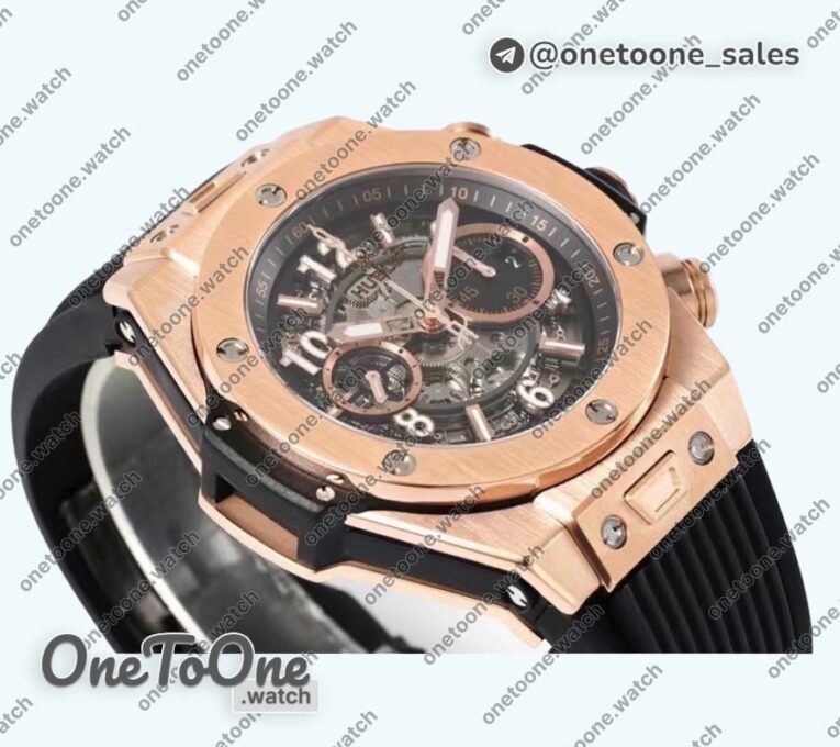 Реплика часов Hublot Hublot Big Bang Unico Rose gold Top-tier Копия один в один Blue Skeleton Dial Black Rubber Strap